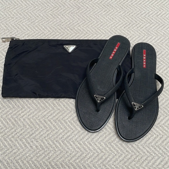 Prada Shoes - PRADA Saffiano Textured Flip Flop Sandals & PRADA Zippered Clutch / Dust Bag